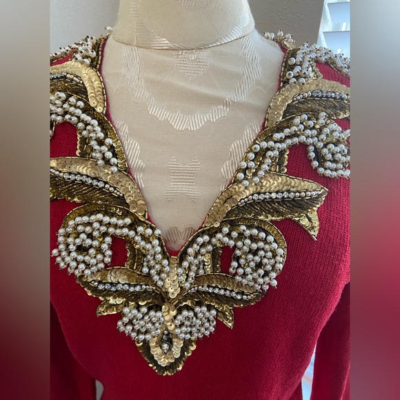 Vintage Don Sayres for Wellmore Neiman Marcus Red Knit Dress Sequins Pearls SZ 4 - Picture 6 of 16